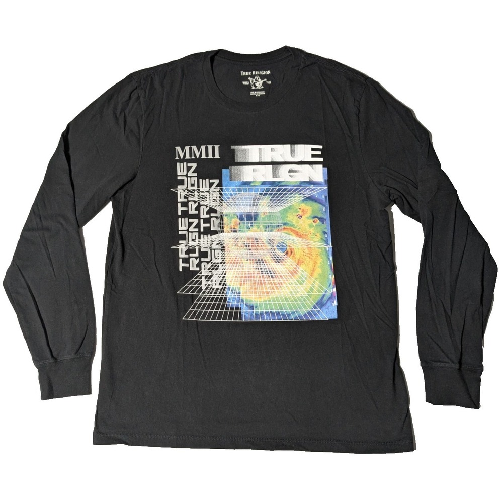 TRUE RELIGION Hurricane Long Sleeve Black Graphic T-Shirt - Men Medium EUC‎